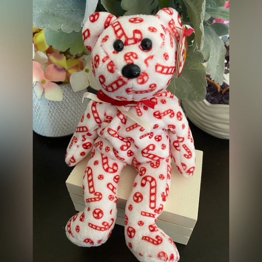🆕🎄 RETIRED RARE TY BEANIE BABY BEAR “CANDY CANES”.  MWMT!